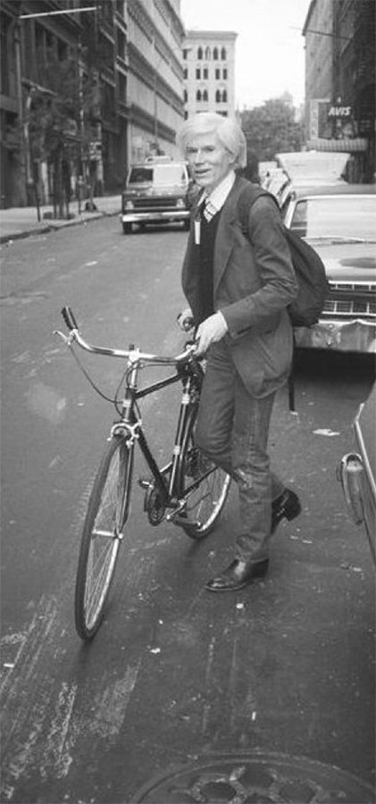 Andy Warhol with bicycle in soho